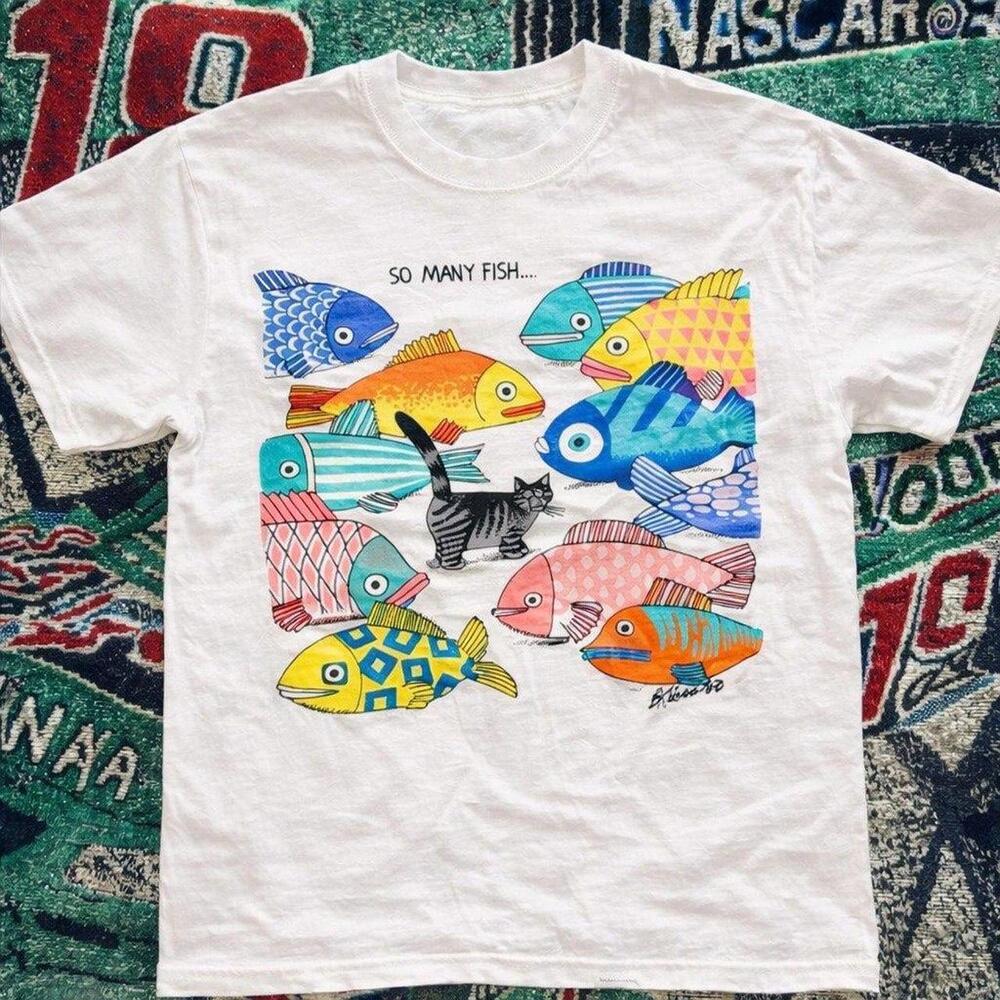 White Colorful Fish Graphic T-Shirt Cute Cat Ocean Art Tee Fun Aesthetic